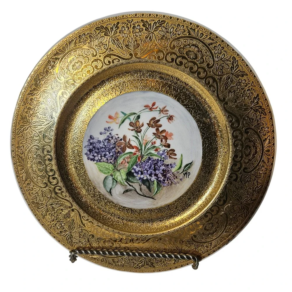 Vintage Signed Winifred Prentice 1948 Hand Painted Lilac Porcelain Plate Gold
